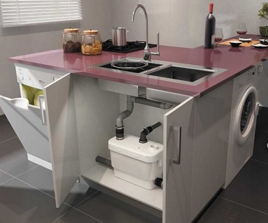 Размещения насоса SFA Sanivite на кухне, с подключением мойки, стиральной и посудомоечной машины